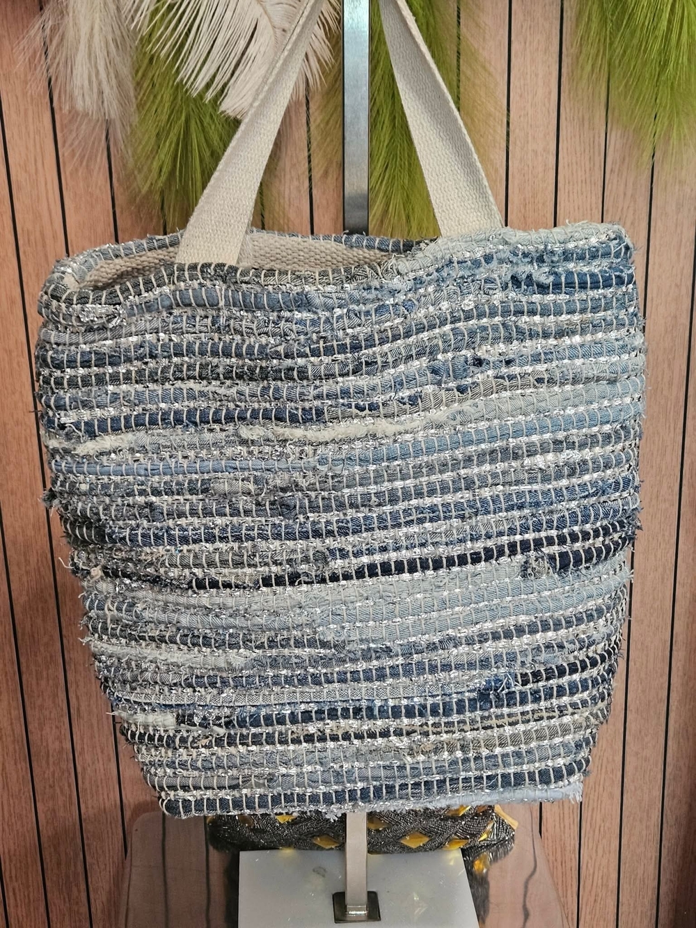 Canvas-Trim Blue Woven Tote Bag